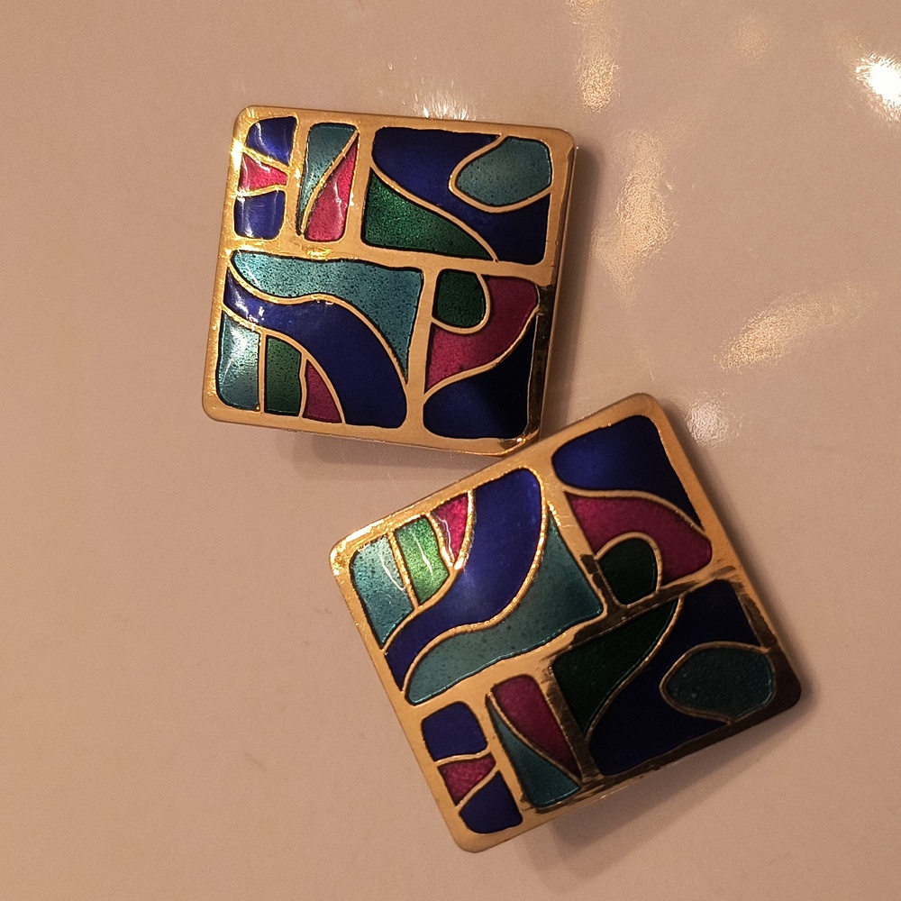 Vintage Cloisonne Signed Abstract Square Clip-on Earrings - Picture 9 of 10